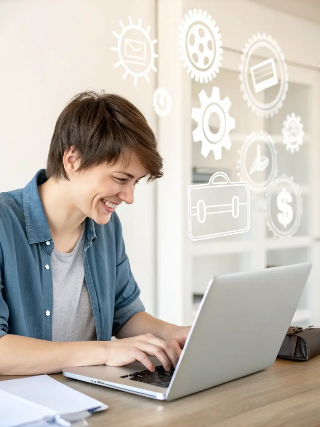 A person confidently managing their business finances using the Found platform on a laptop, highlighting its integrated banking and bookkeeping features.