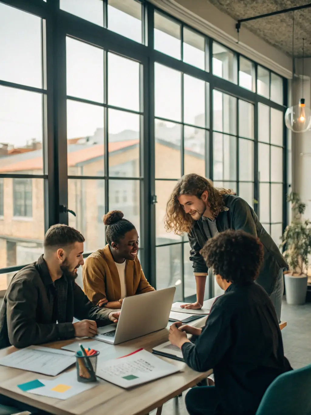 A group of Brex employees collaborating in a bright, open office space, reflecting the company's dynamic culture and commitment to providing financial solutions for businesses.