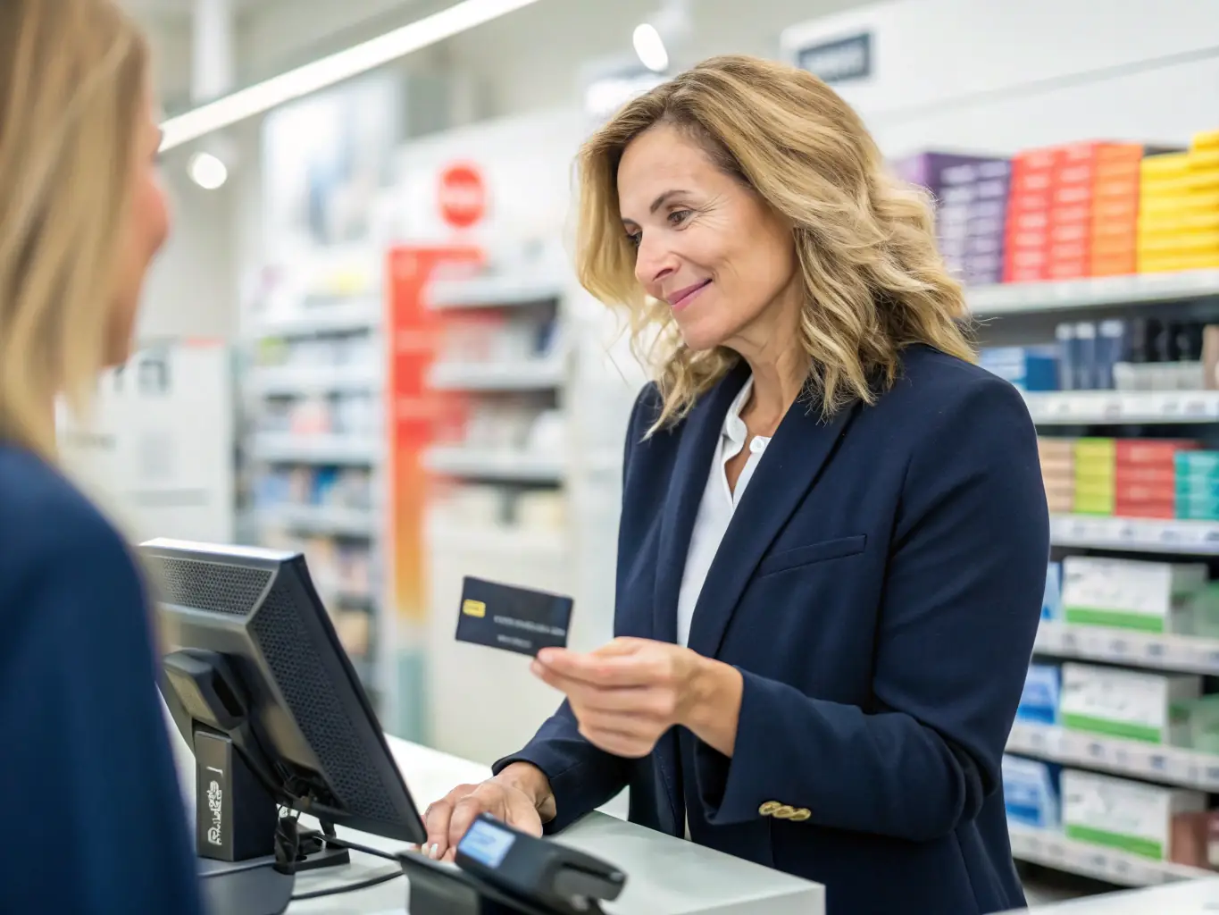 A professional woman in a business suit confidently using a Wamo credit card at a modern point-of-sale system in a brightly lit store, symbolizing Wamo's card solutions for business owners.