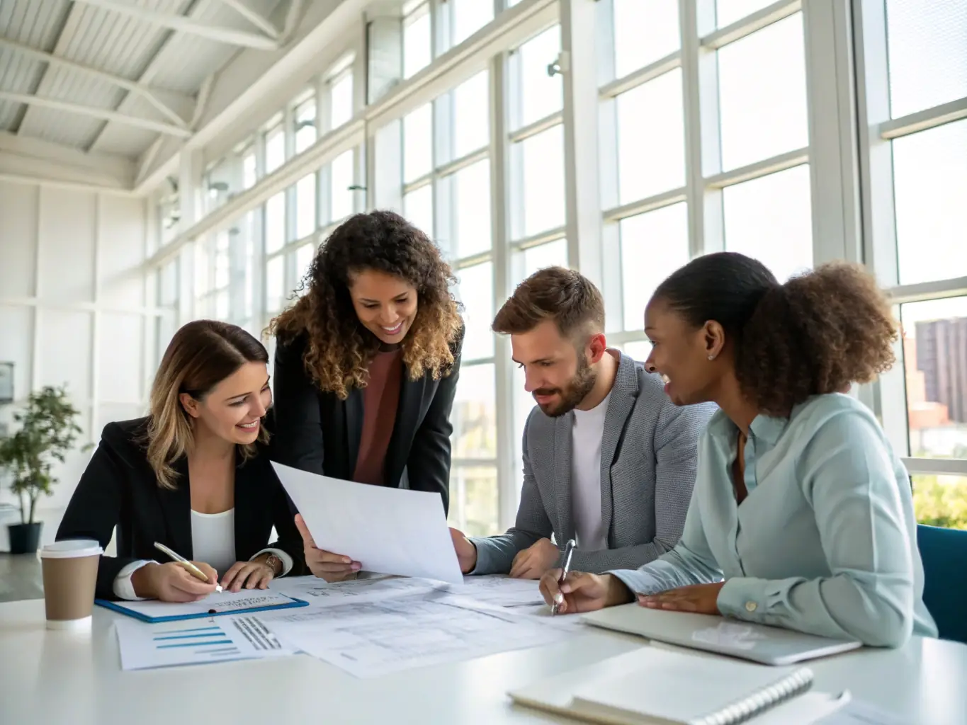 A diverse group of people happily gathered around a table, reviewing loan documents and celebrating their financial success with Wamo's personal loan options.