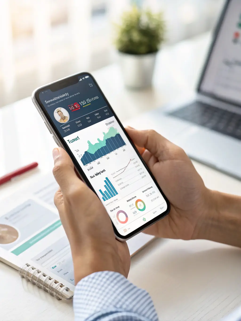 A modern, minimalist image of a person using the Found mobile app to manage a small business loan, with charts and graphs displayed on the screen.