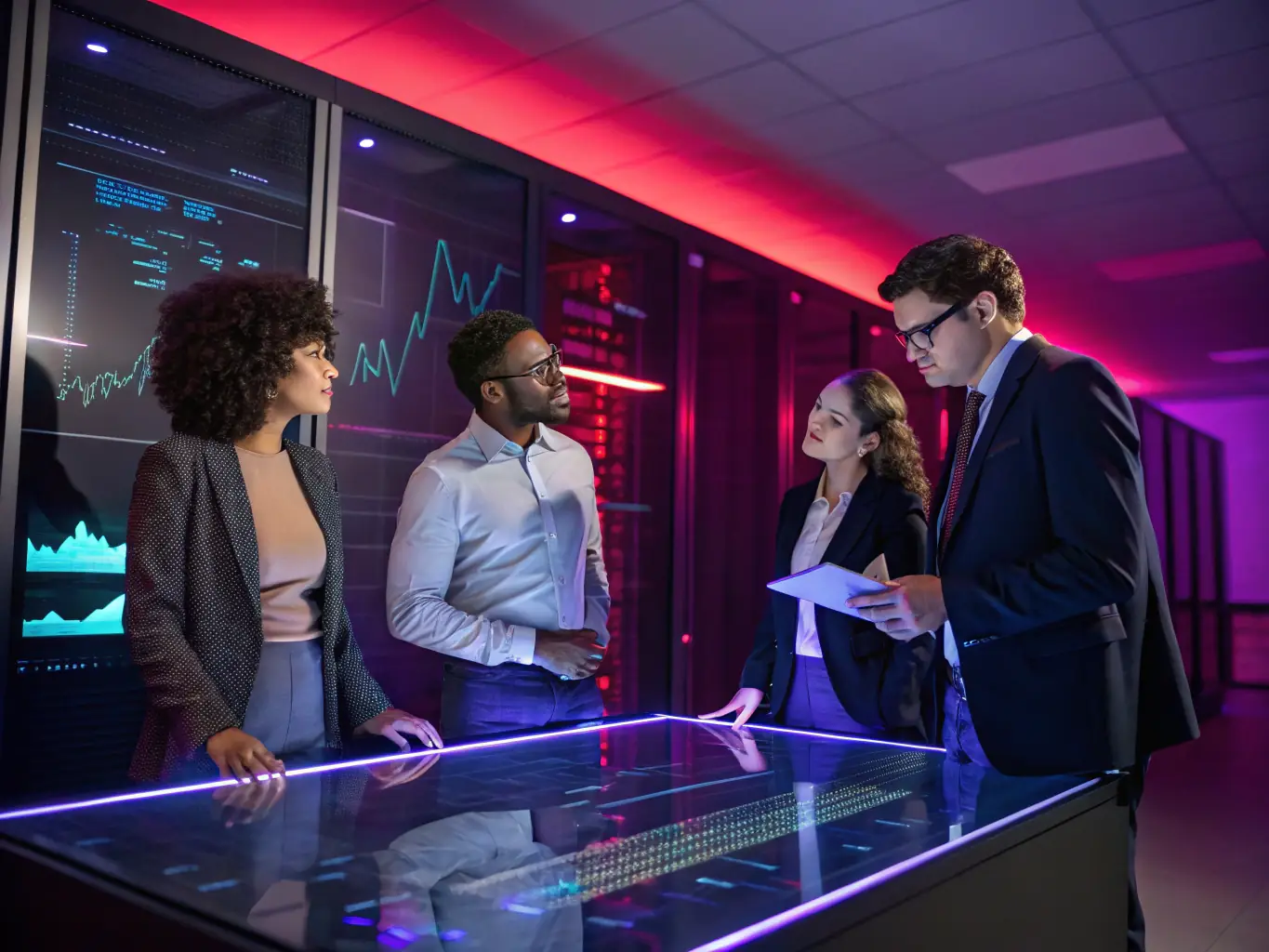 A professional image showcasing a diverse team of financial analysts collaborating in a modern office setting, reviewing 2C2P's financial product offerings on multiple screens.