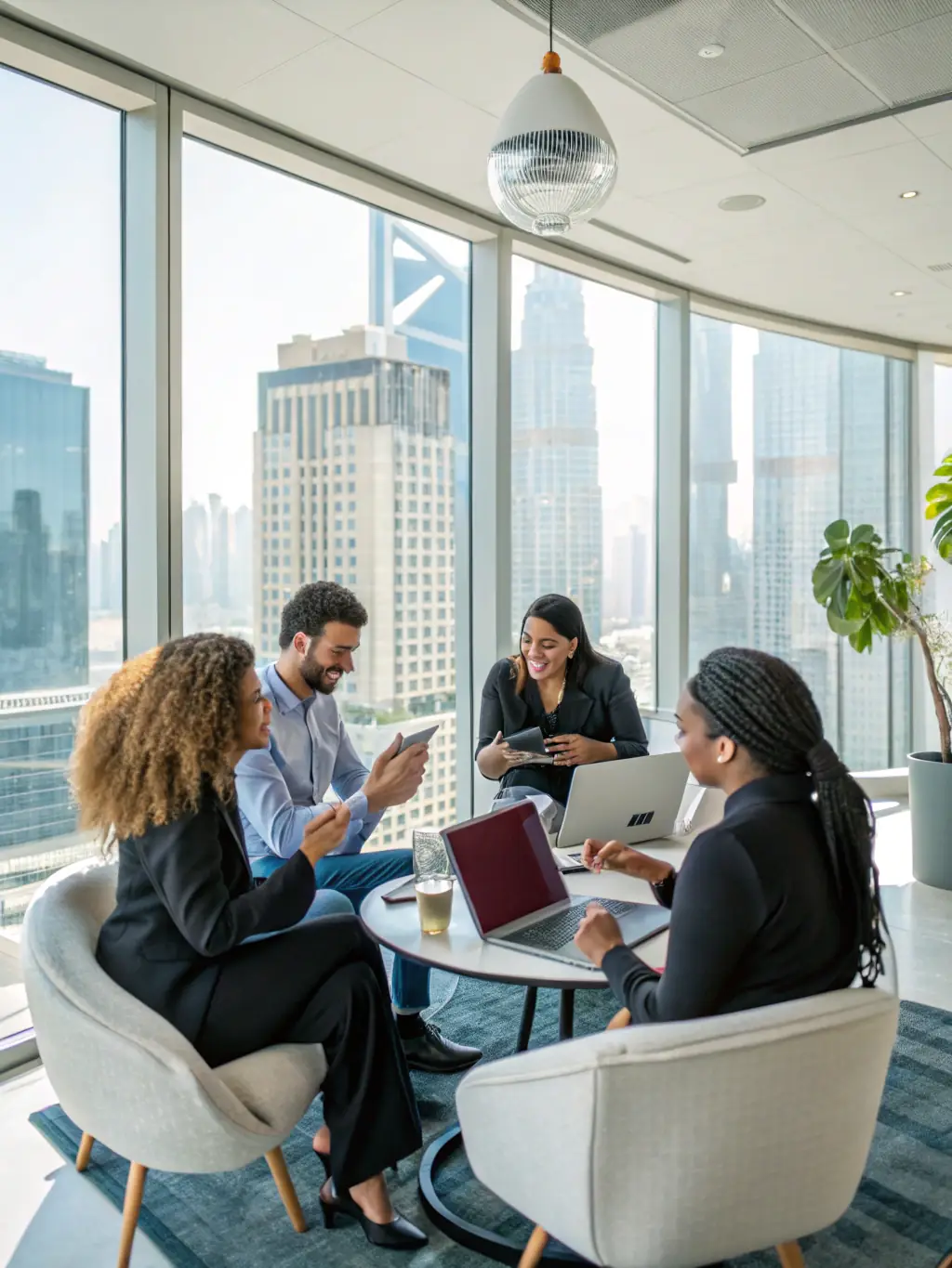 An image of a diverse group of entrepreneurs collaborating in a modern office space, representing the community and support offered by Found's services.