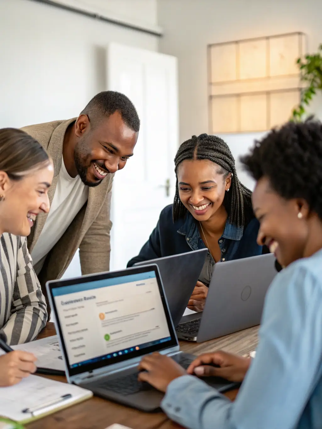 An image of a diverse group of small business owners collaborating in a modern co-working space, symbolizing Found's target audience.